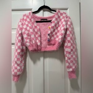 Pink checkered fuzzy cardigan